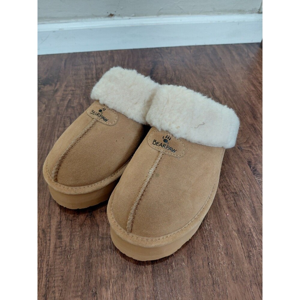 Bearpaw Platform Chunky Slippers, 10 Sheepskin, Tan Suede Leather - Picture 2 of 12